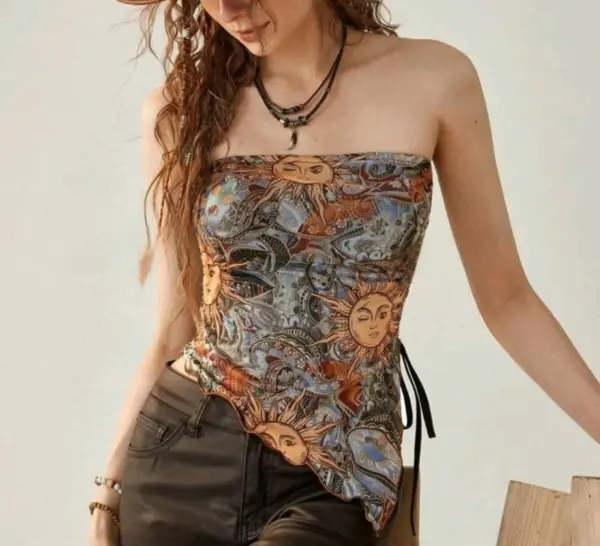 เสื้อเกาะ​อ​ก​ พิมพ์​ลายพระอาทิตย์​ เชือ​กรูด​ข้าง สไตล์​โบฮี​เมียน​